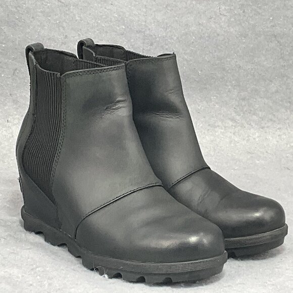 Sorel Joan of‎ Arctic Wedge Women's Sz 9 Black Leather Hidden Heel Ankle Bootie - Picture 1 of 9